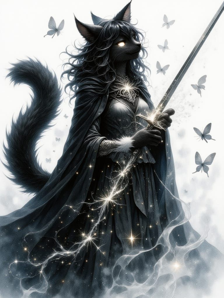 Duotone Cat Sword Saint in Expressionist Watercolor