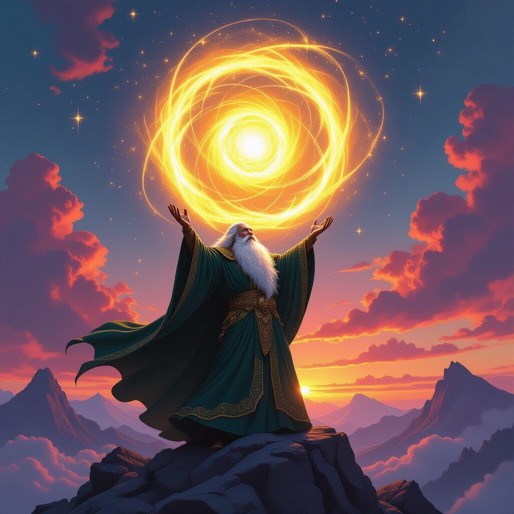 Mighty Wizard Conjures Golden Vortex on Mountain Peak
