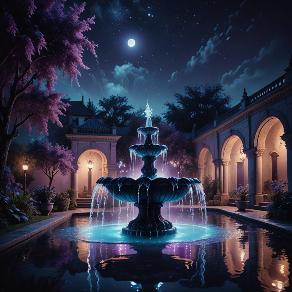 Glowing Fountain in Moonlit Courtyard: Dreamlike Digital Art