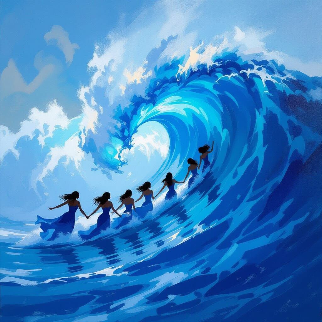 Oil Painting of Women Forming a Blue Wave