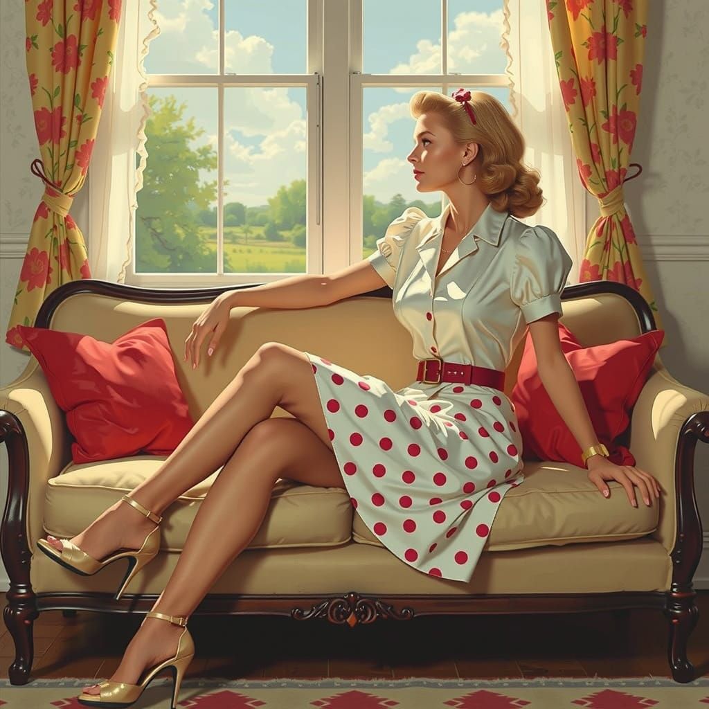 1950s Housewife Gazes Out Window in Realistic Vintage Style