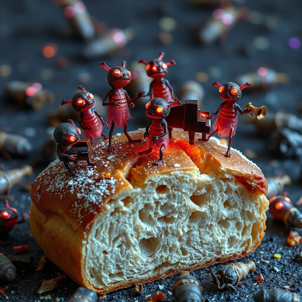 Different colorful dangerous germs dancing on a spoil bread