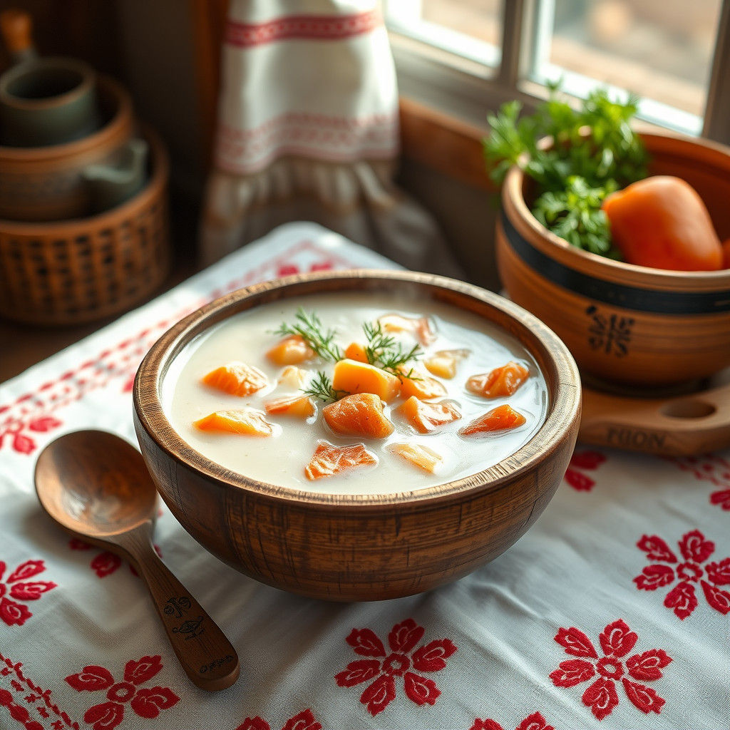 Traditional Soup in Wooden Bowl, Folk Photo
