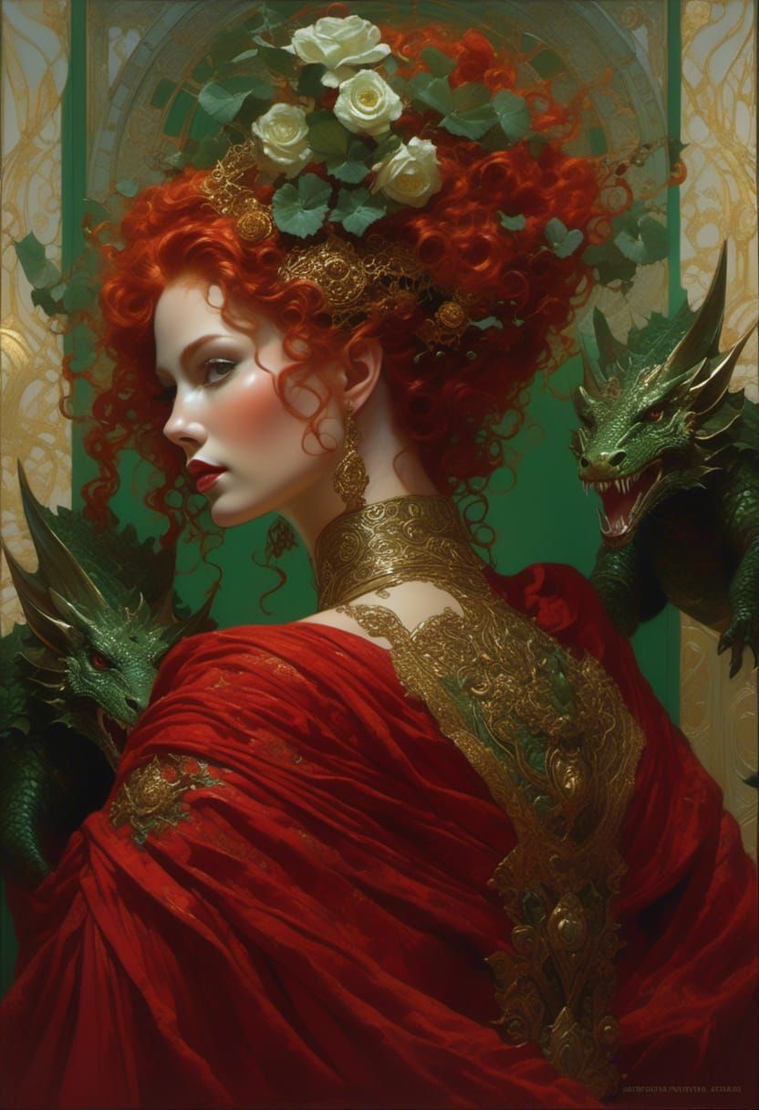 Red-Haired Goddess with Dragon in Hyperrealist Style