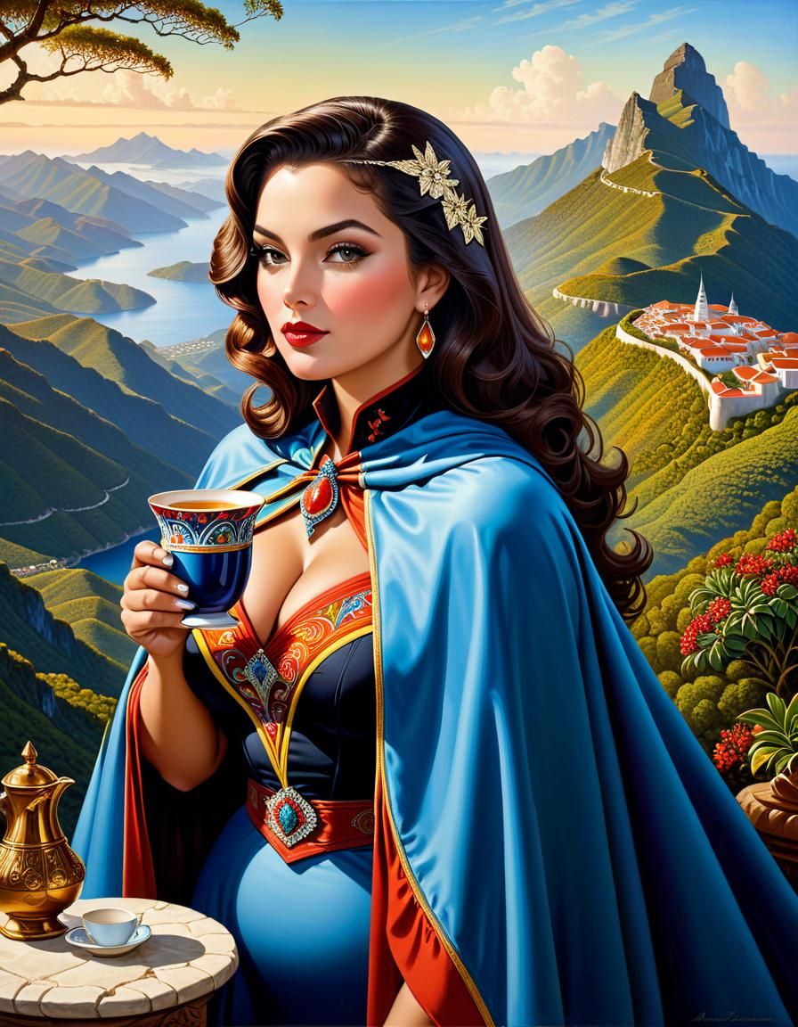 Woman Drinking Bica at Bica de Cana, Oil Painting