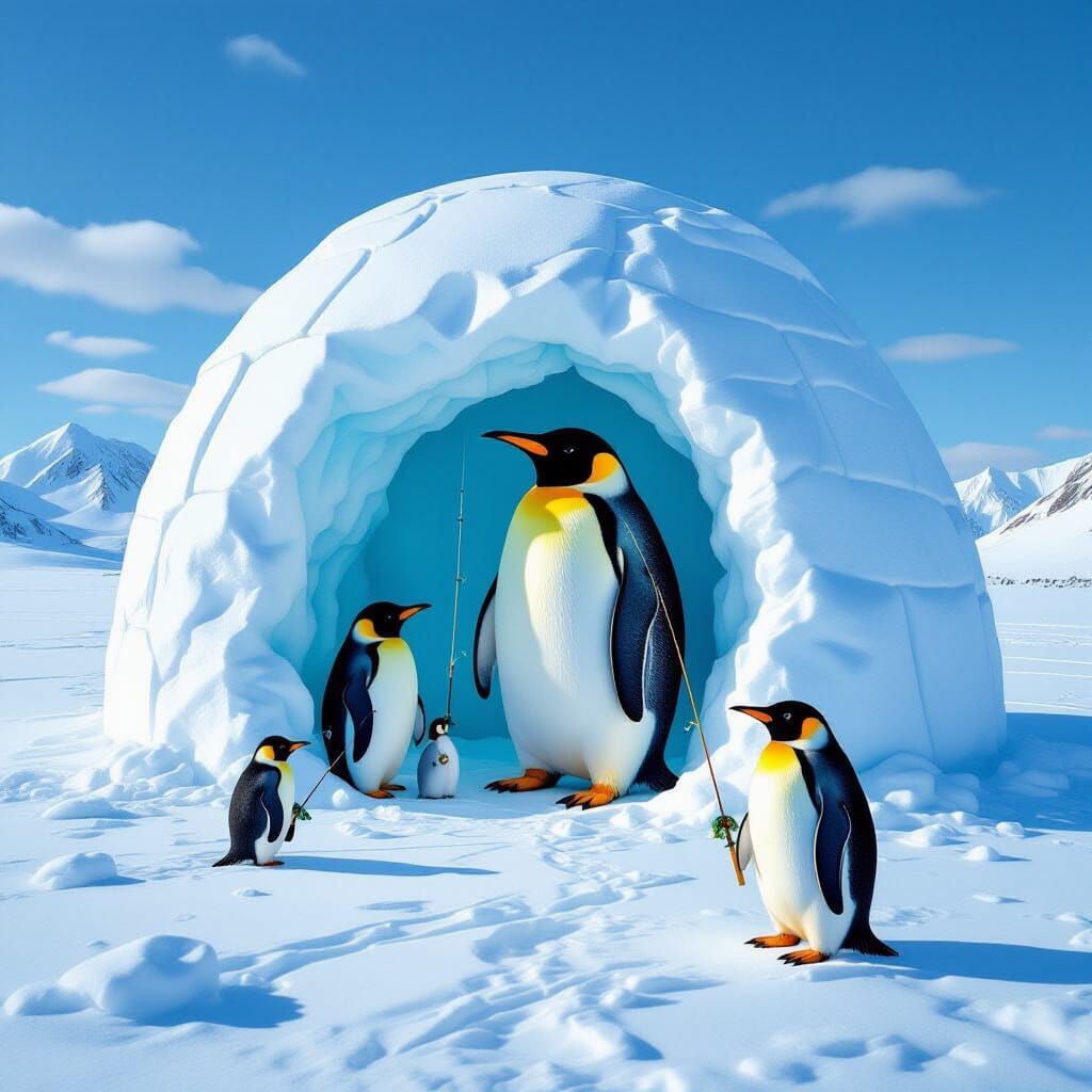 Penguin Fishing Party in Surreal Anamorphic Art