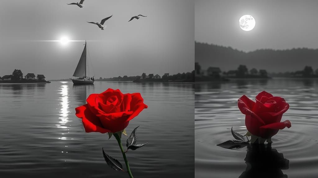 Monochrome River Scene with Floating Red Rose