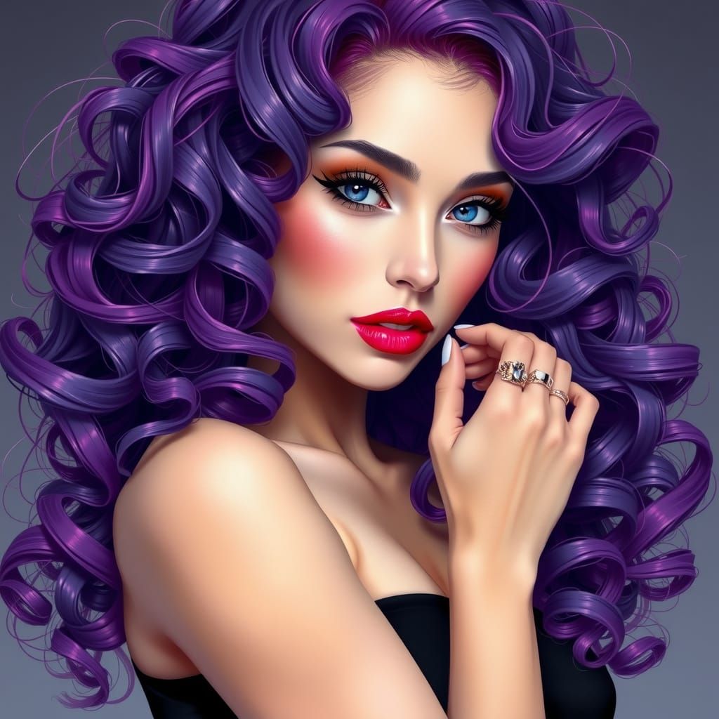 Elegant Woman with Purple Hair, Digital Illustration