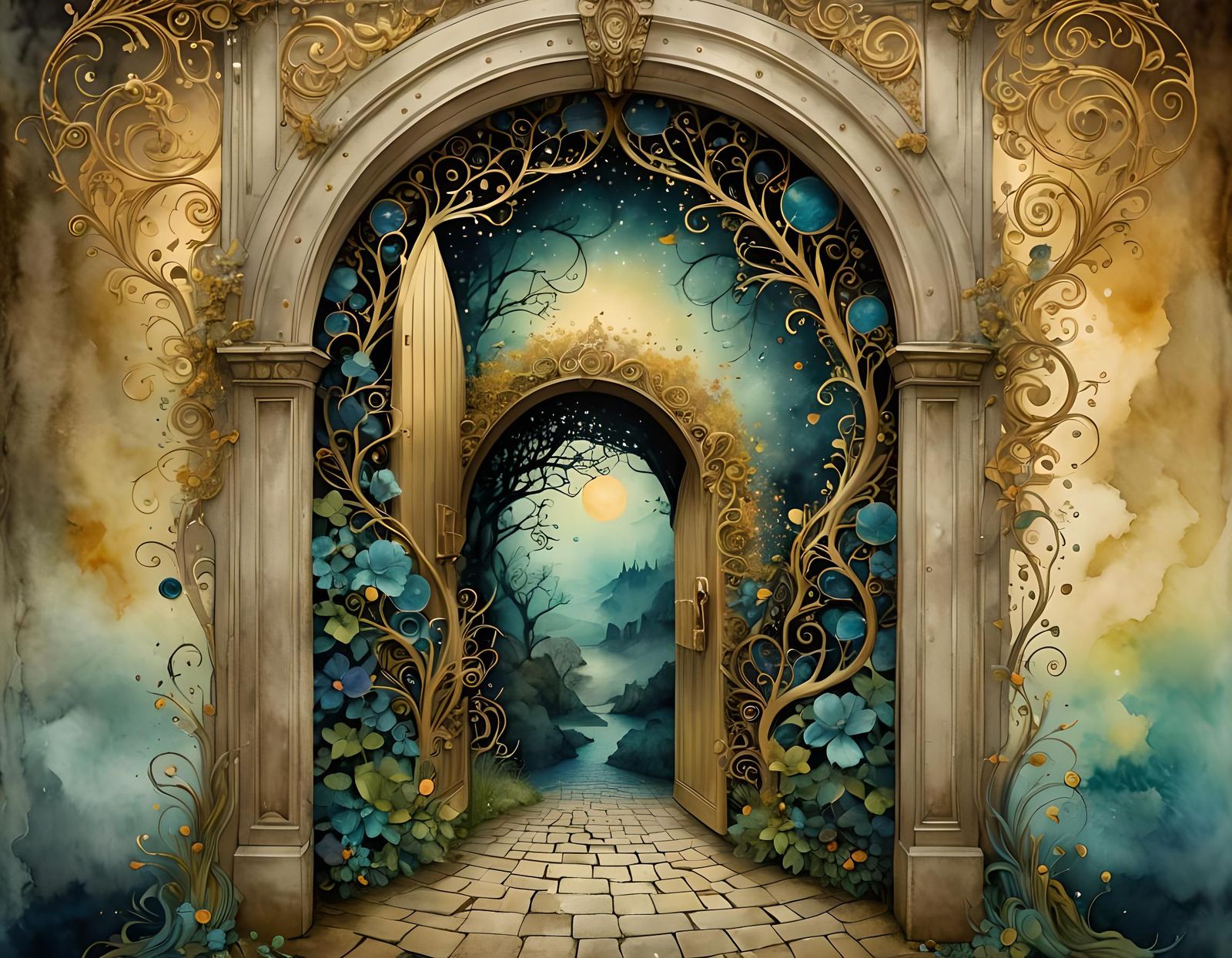 Fantasy Realm Doorway in Surreal Watercolor Art