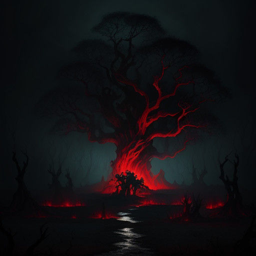 Mystical Dark Fantasy Forest with Twisted Trees and Glowing...
