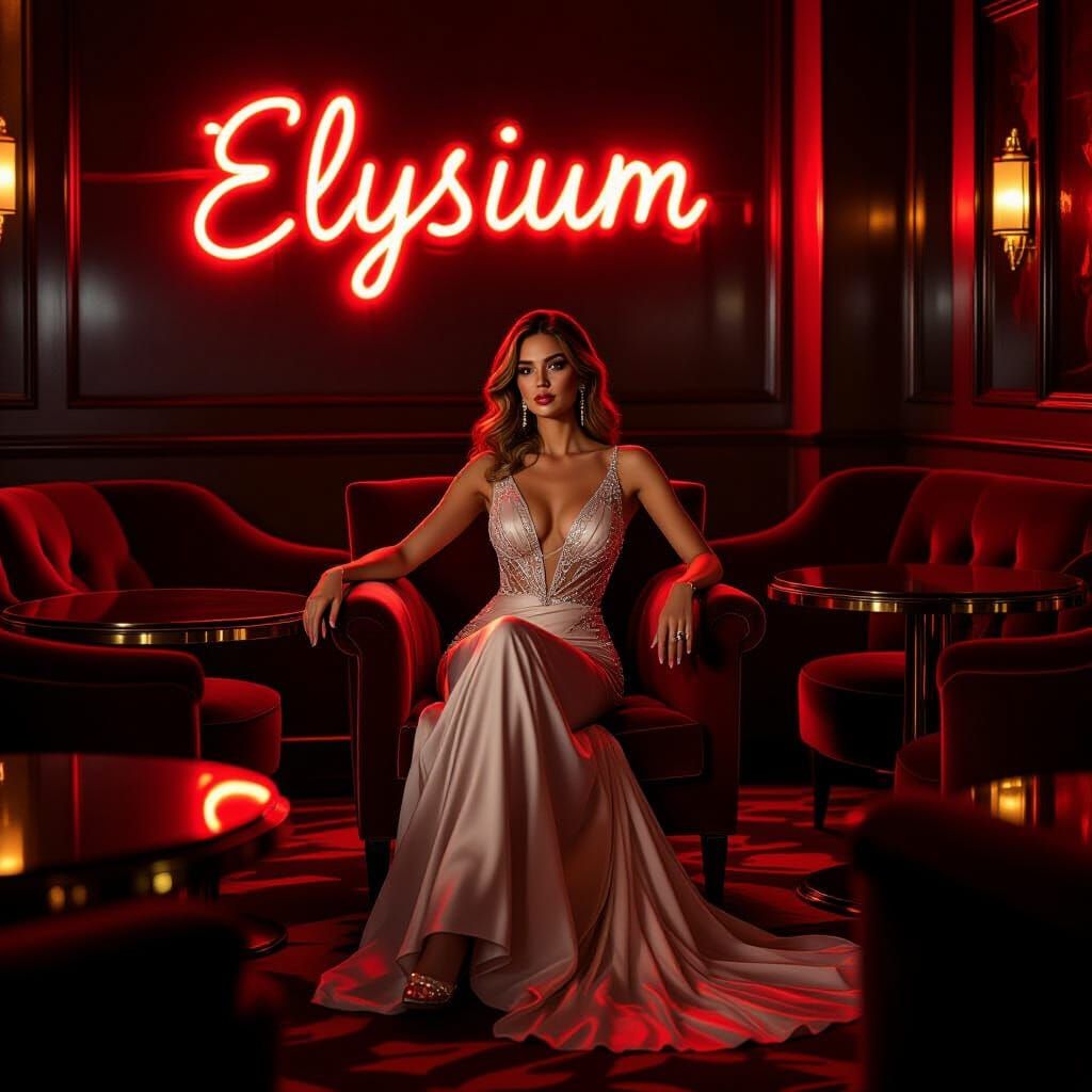 Elegant Woman in Neon-Lit VIP Lounge