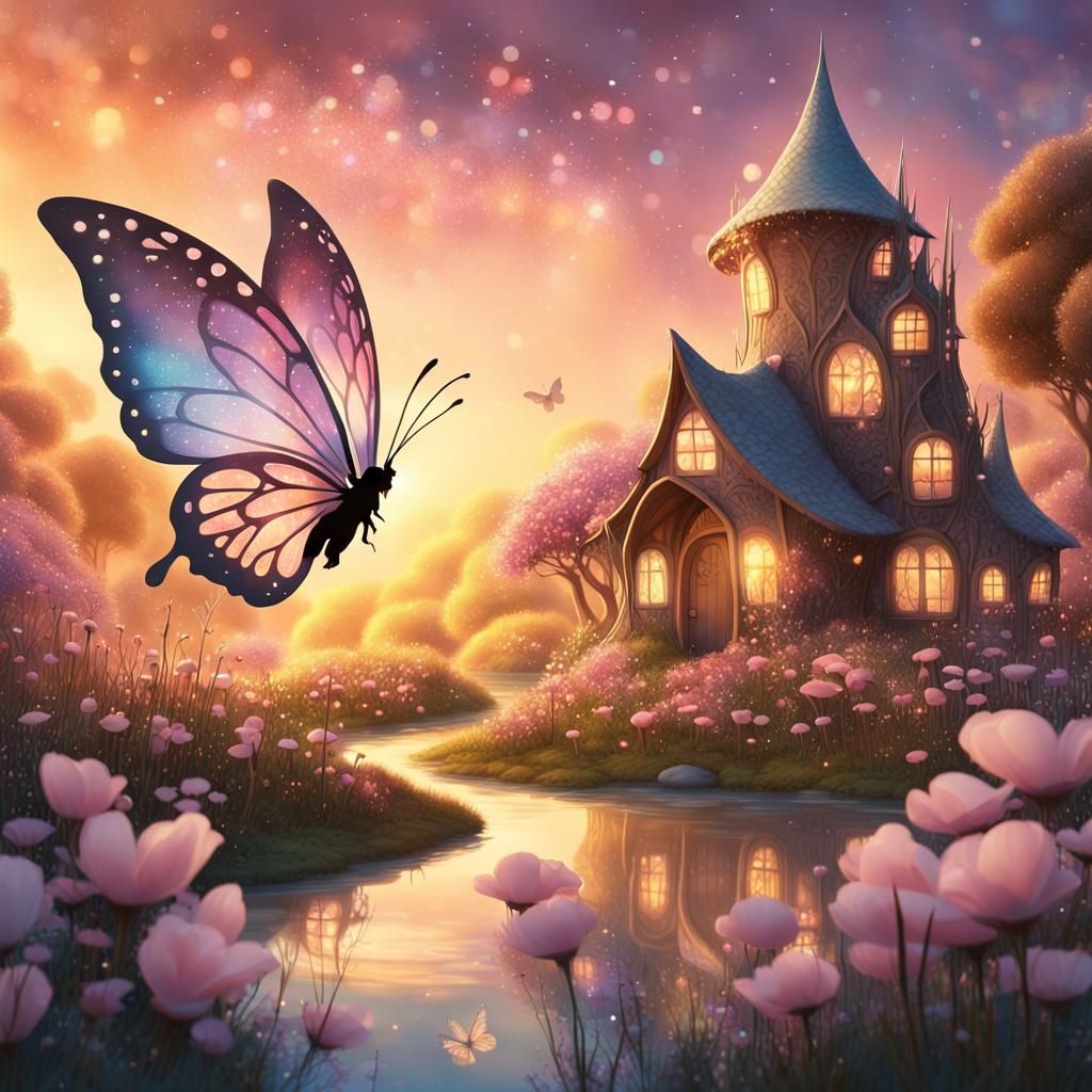 Butterfly Silhouette over Fairy Wonderland Landscape