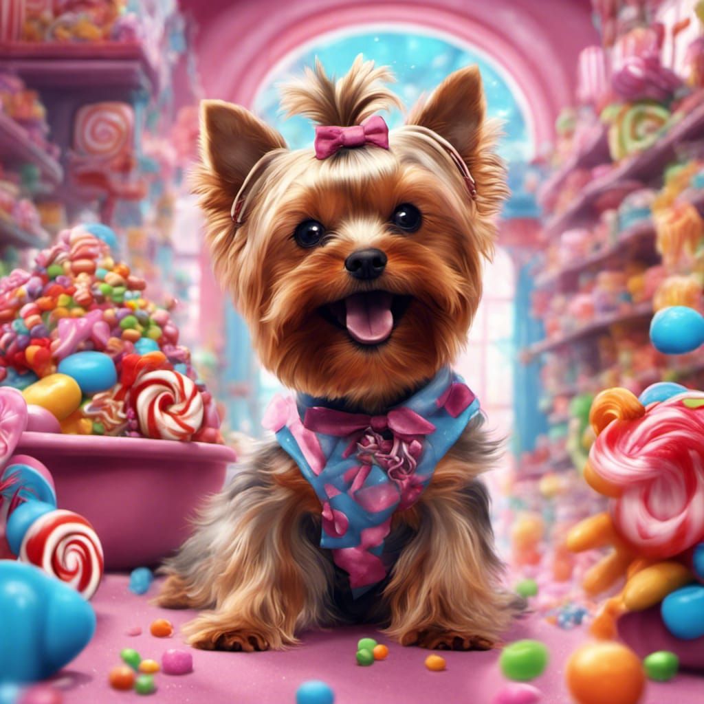 Yorkshire Terrier Candy Adventure in Detailed Matte Painting