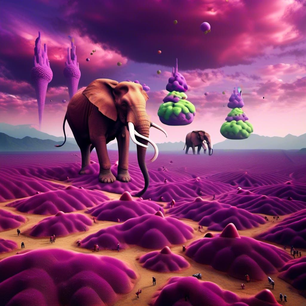 Surreal Alien Landscape with Elephant-Birds, Digital Art