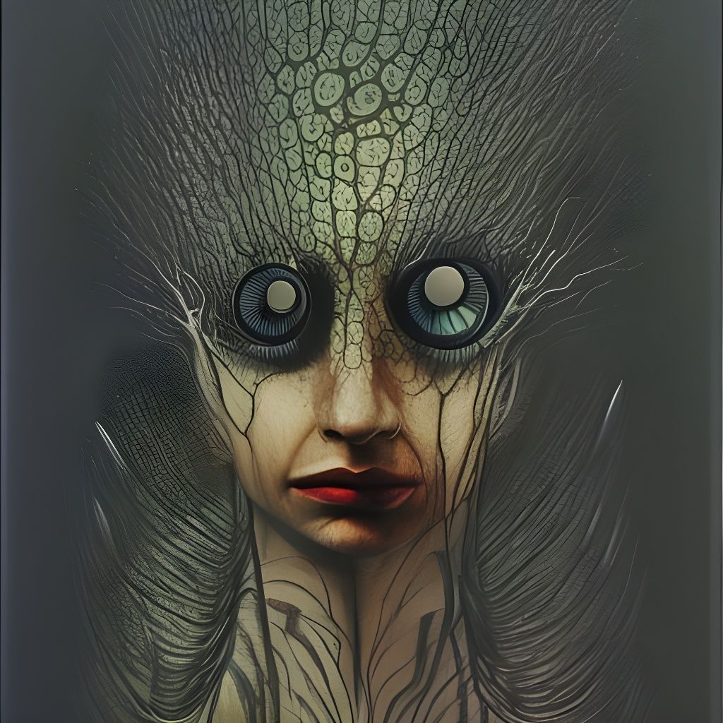 Surreal Woman with Centipede Eyes in Mixed Media