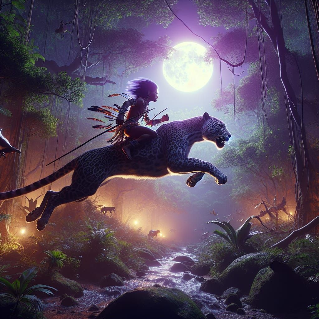 Brazilian Boy and Jaguar in Moonlit Forest