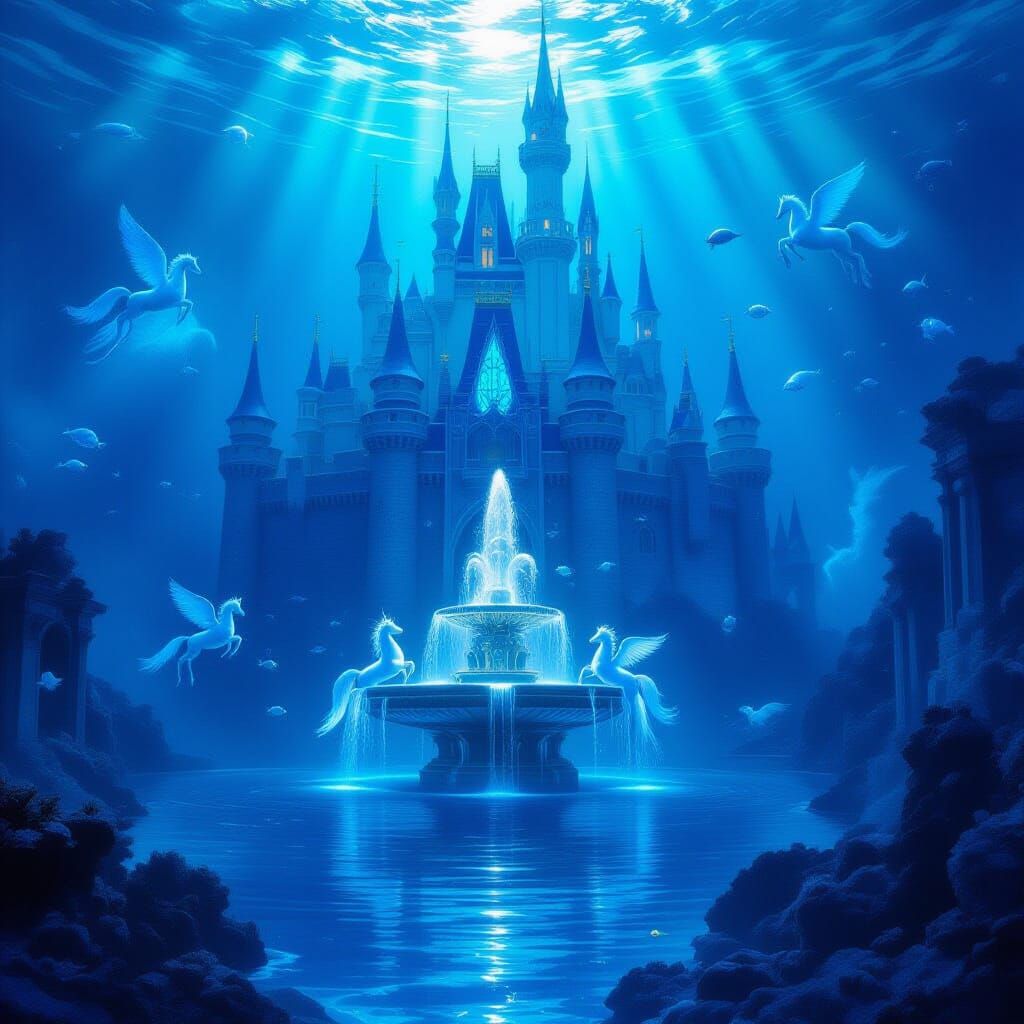Colossal Underwater Fantasy Castle with Pegasus Fountain