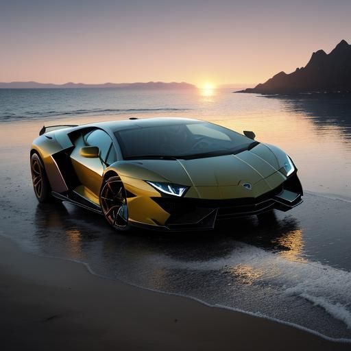 Lamborghini Sunset Beach: Futuristic Digital Matte Painting
