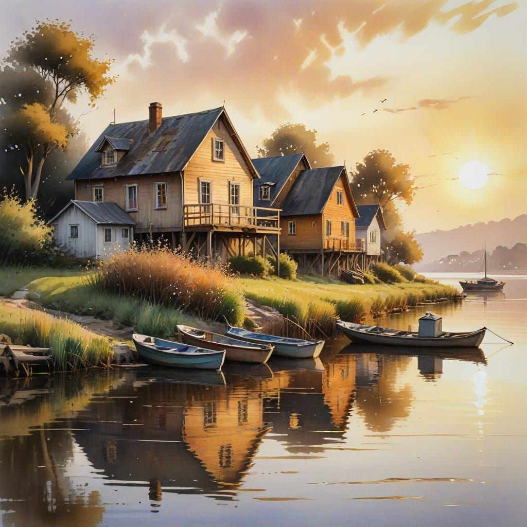 Tranquil Waterfront Scene as Watercolor Painting