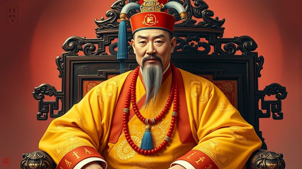 Regal Emperor Seated on Throne, Exuding Power and Dignity in...