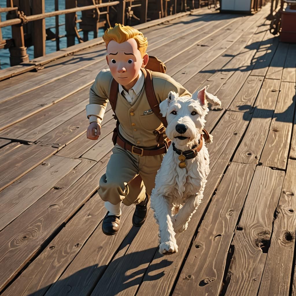 Tintin and Snowy on Steamer Deck in Ligne Claire Style