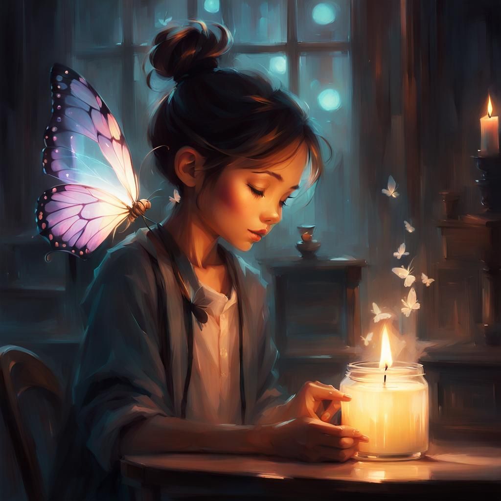Ethereal Butterfly on Candle in Dreamlike Scene