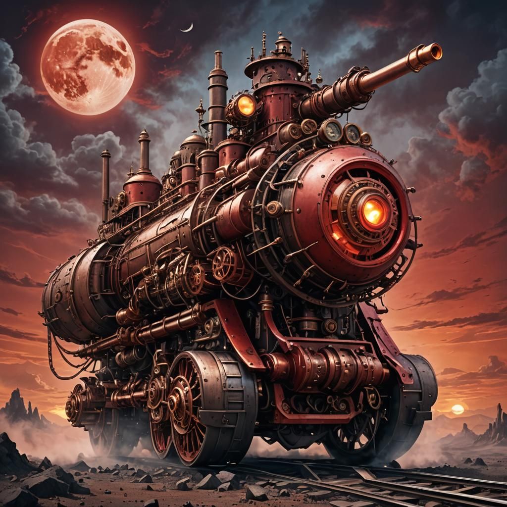 Steampunk Engine Silhouette on Red Horizon