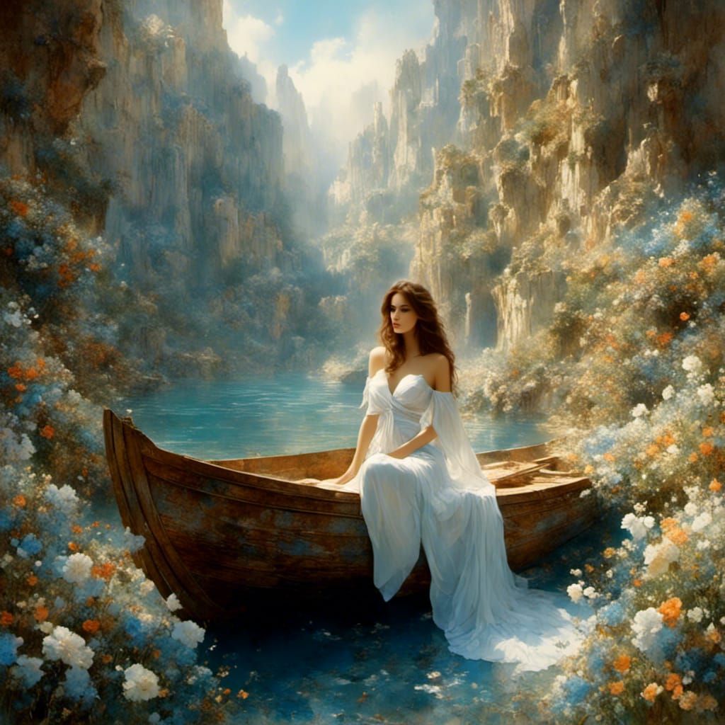 Serene Woman in Flower Boat: Fantasy Matte Painting