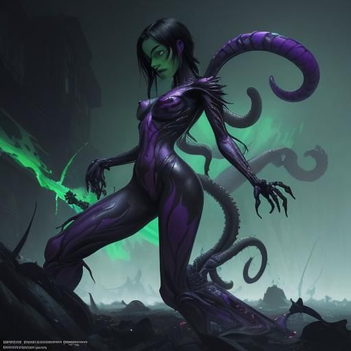 Shego as Xenomorph with Bladed Tail in Dark Fantasy Style