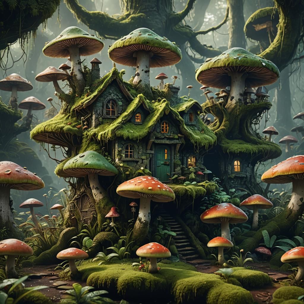 Mossy Mushroom Houses in Rainforest: Detailed Matte Painting