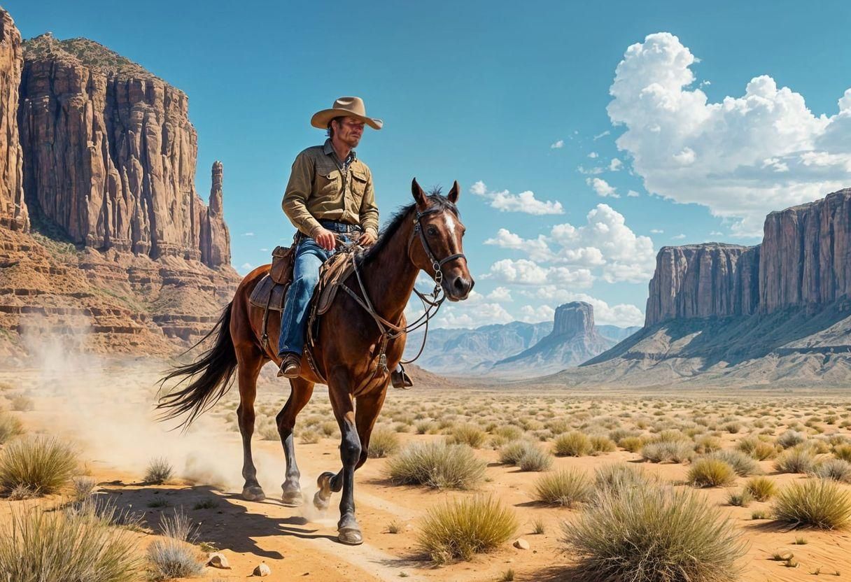 a realistic oil painting of A cowboy riding a horse through ...