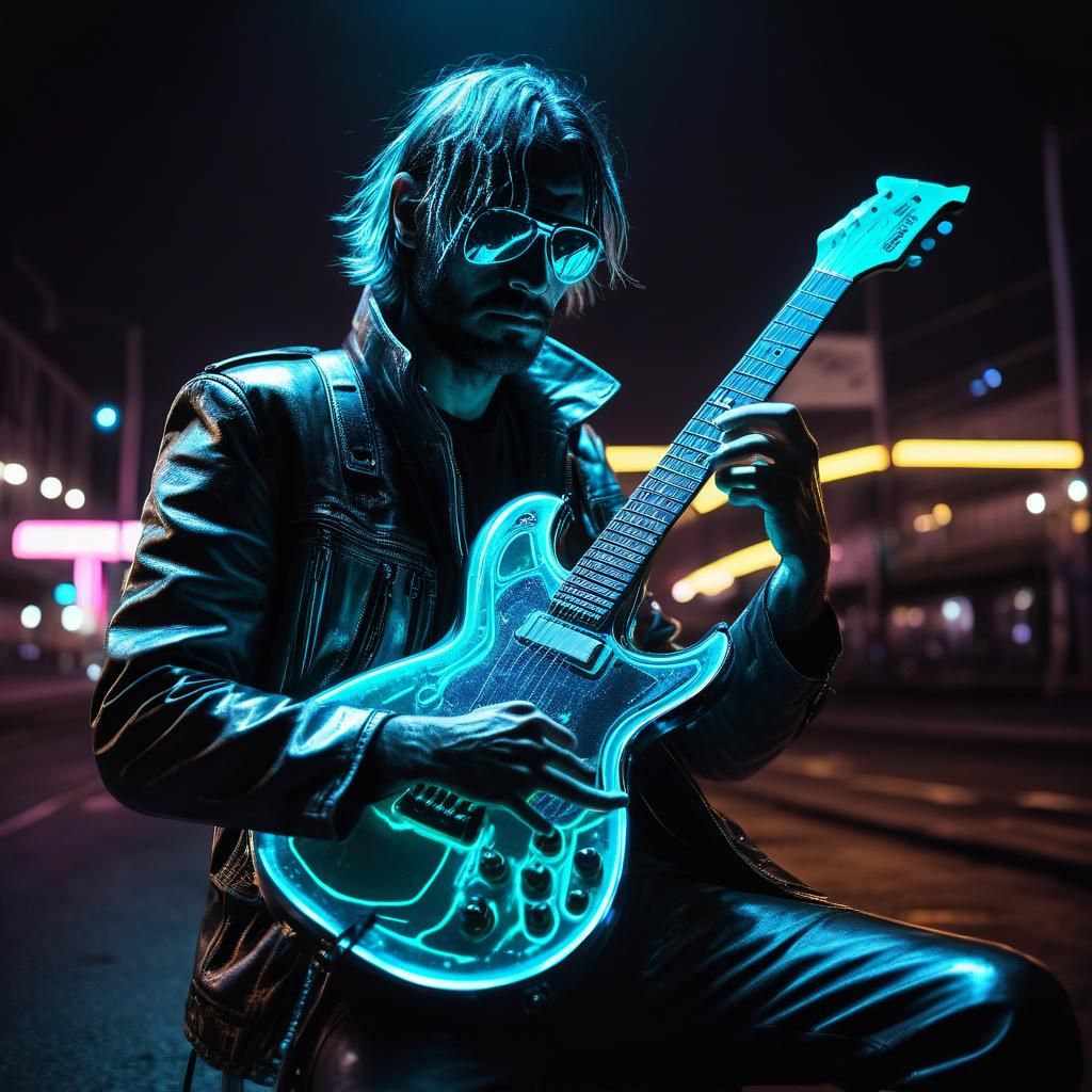 Bioluminescent Biopunk Guitarist in Synthwave Neon