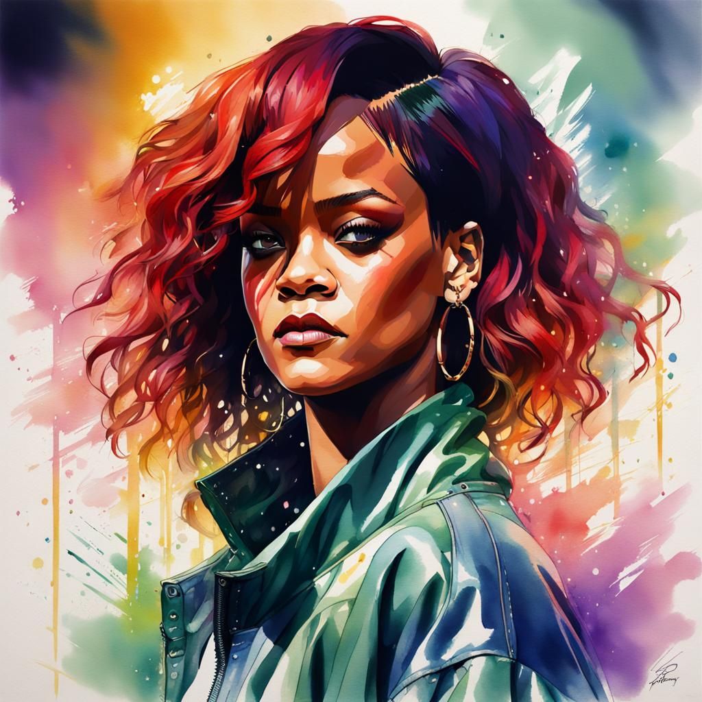 Rihanna Portrait with Anime and Watercolor Elements