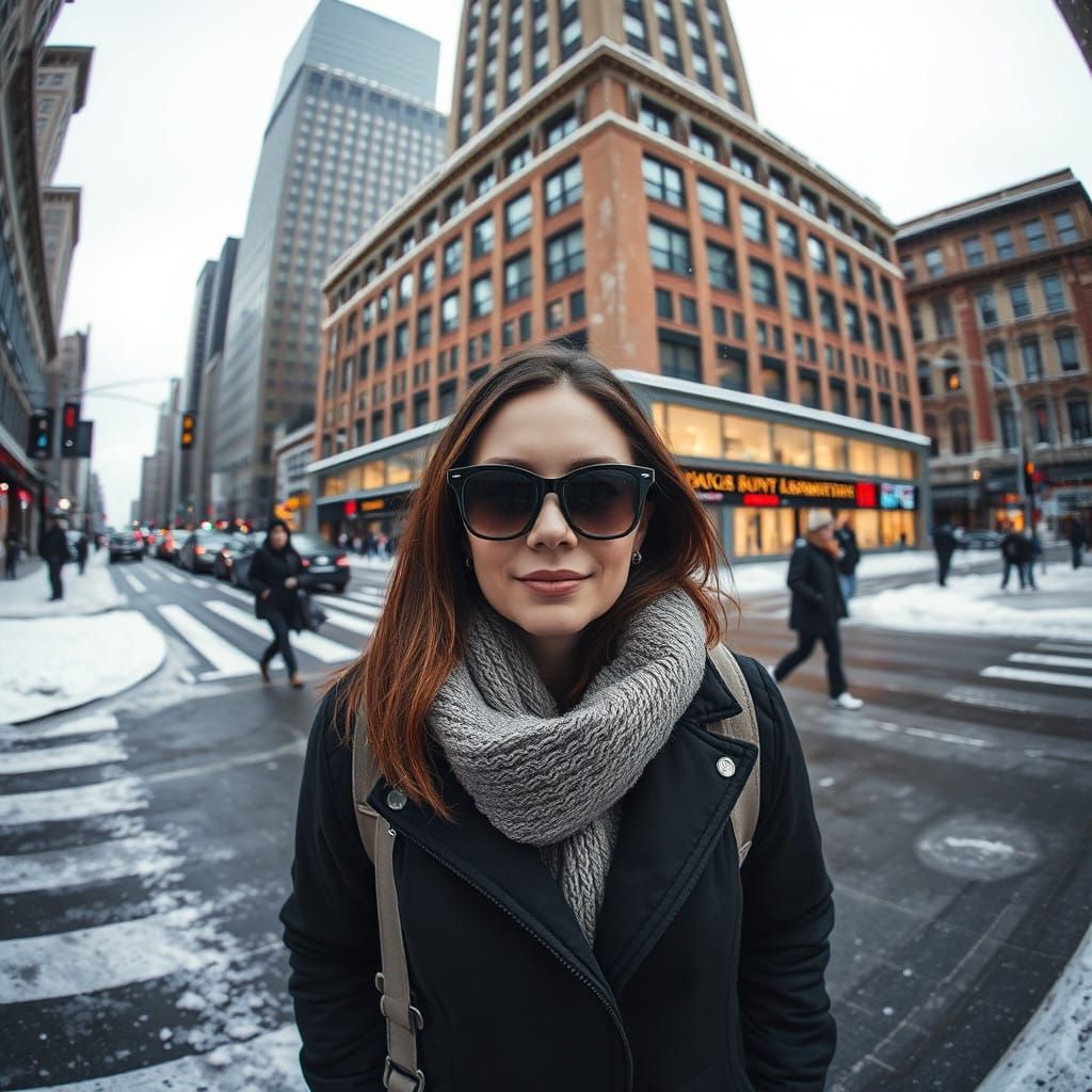 Woman Wearing Sunglasses Walks Through Snowy City Intersecti...
