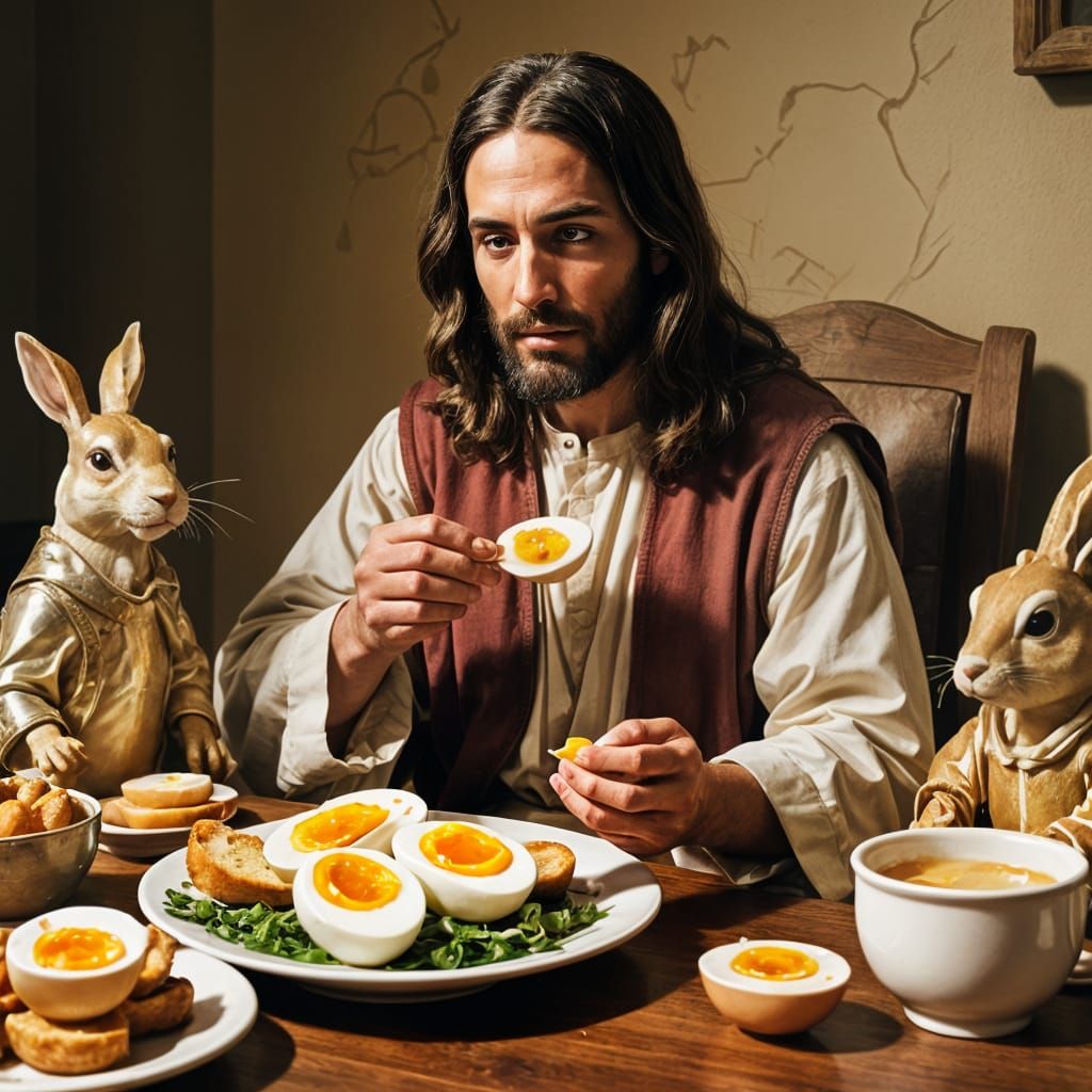 Jesus Eats Soft Boiled Egg with Crispy Soldiers