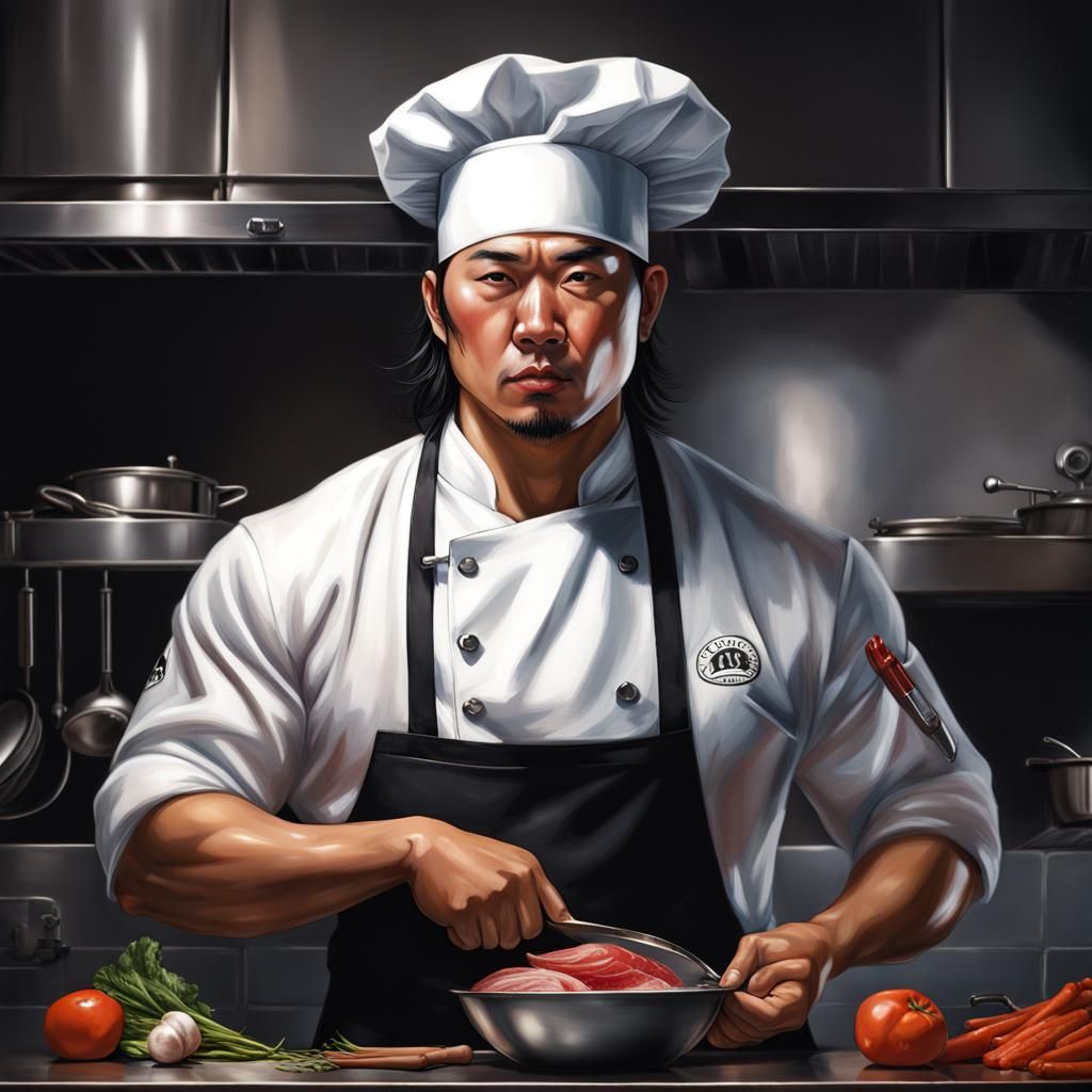 Handsome Asian Chef Portrait in Dramatic Lighting
