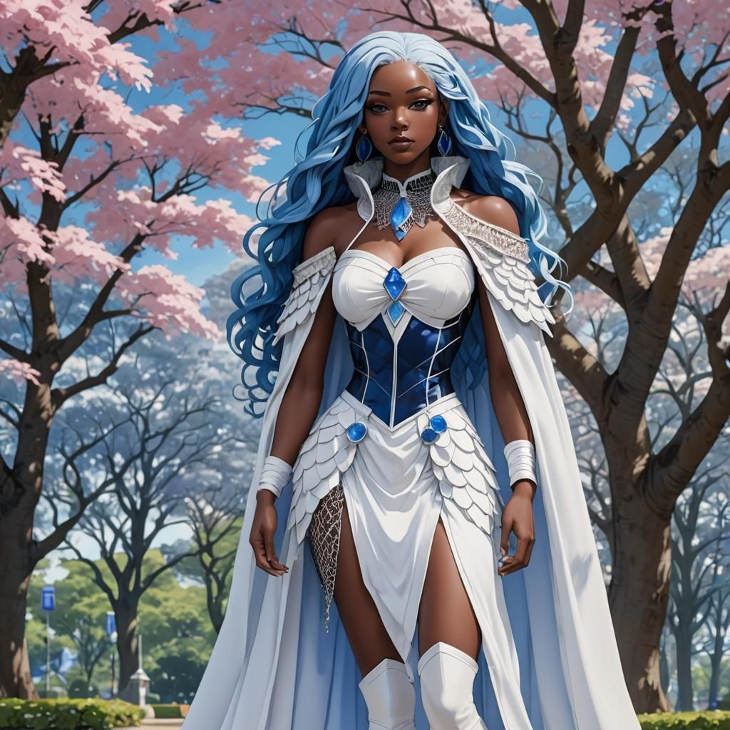 Anime Style Black Woman with Net and Blue Hair