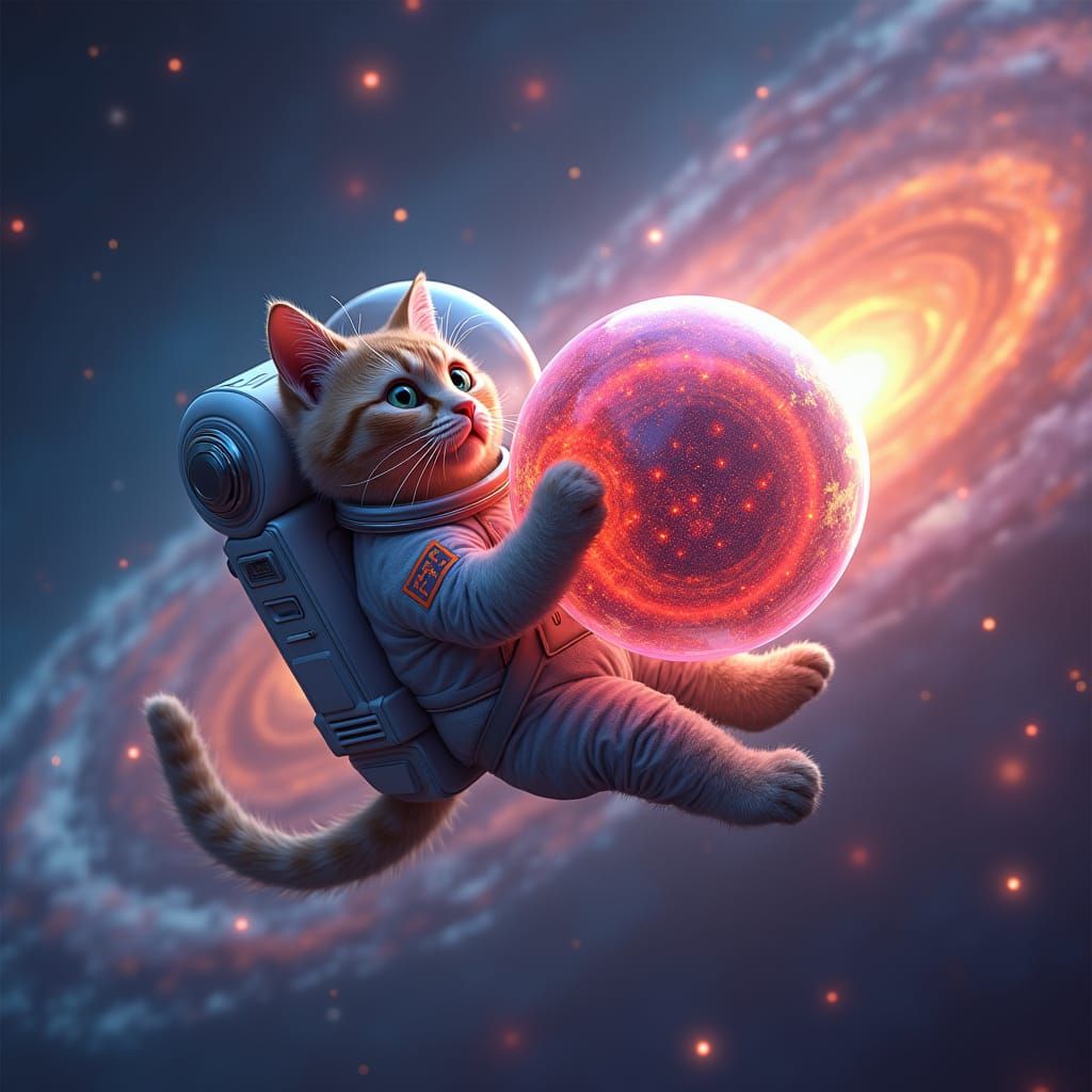 Cosmic Cat Astronaut Devouring Galactic Fish