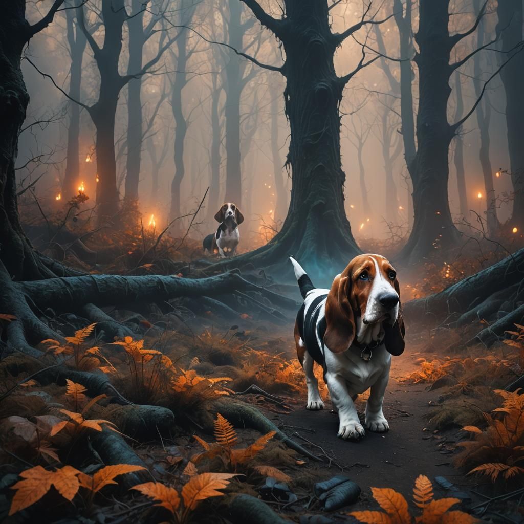 Basset Hound Hunting Ghosts in Spooky Forest