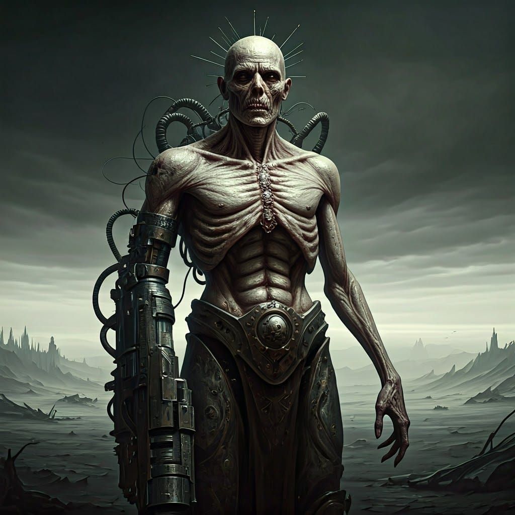 Cybernetic Abomination in Dark Futuristic Landscape