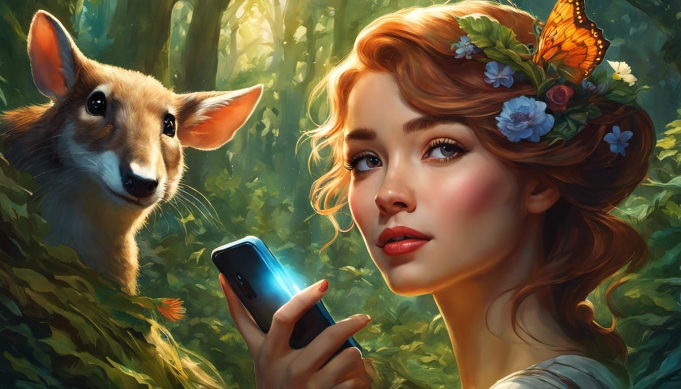 "selfie" of adorable woman taking a selfie with magical fore...