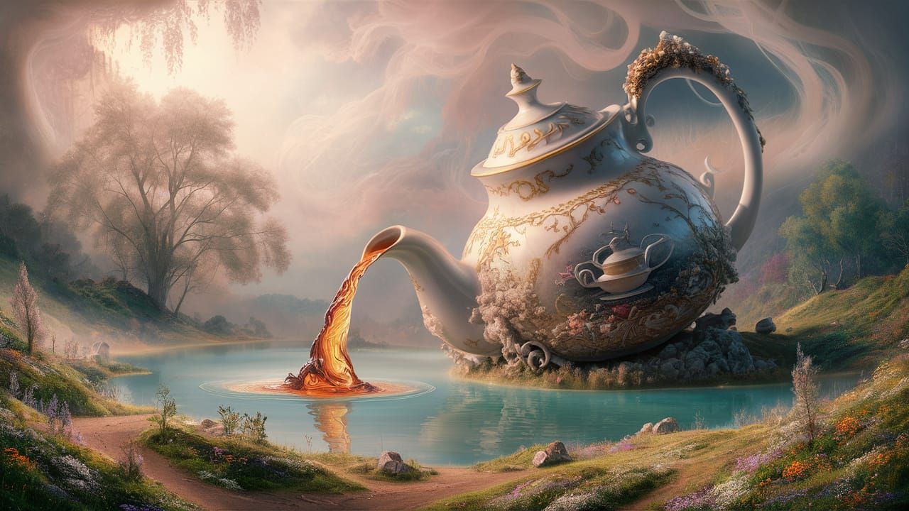 Colossal Teapot Pouring Tea: Ethereal Fantasy Painting