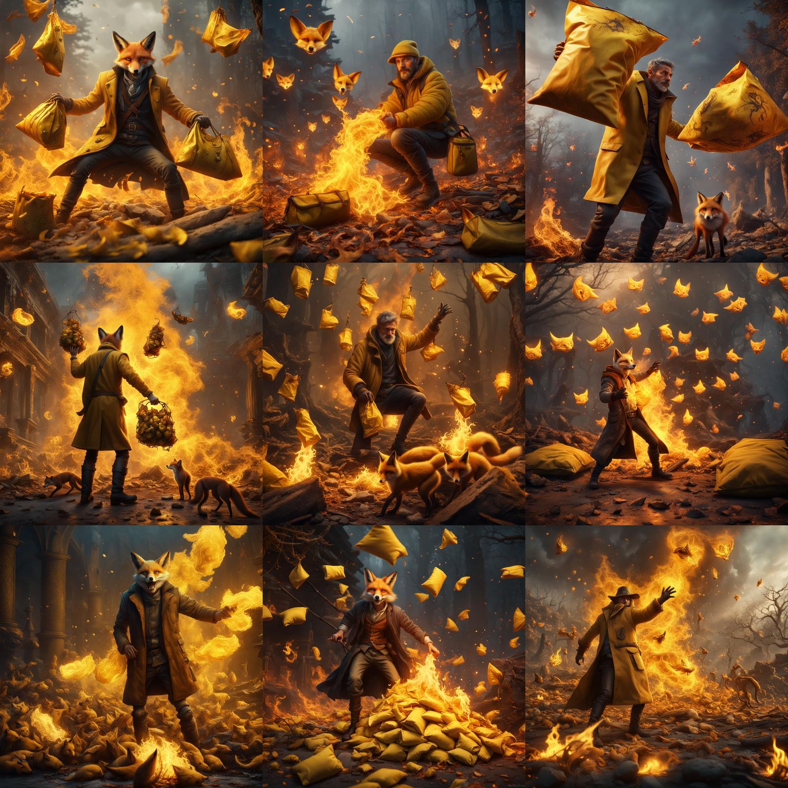 Fantastical Matte Painting of Fox Bags Thrown on Fire