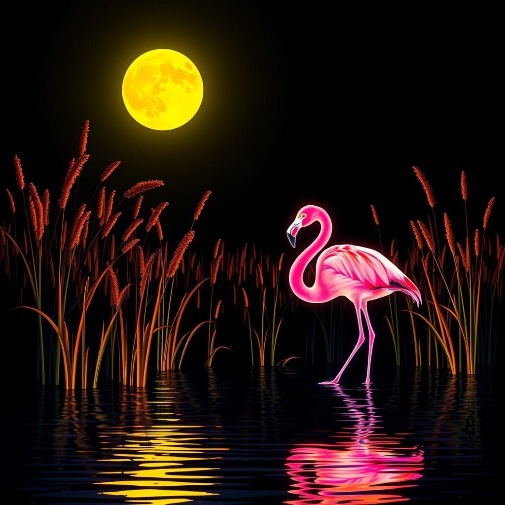 fluorescent black light flamingo in water art