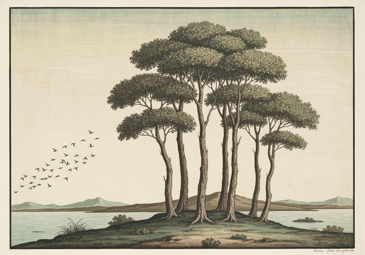 Serene Landscape with Slender Trees and Birds in Print Style