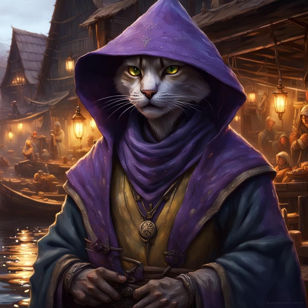 Sinister Tabaxi Trader in Dark Fantasy Fishing Village