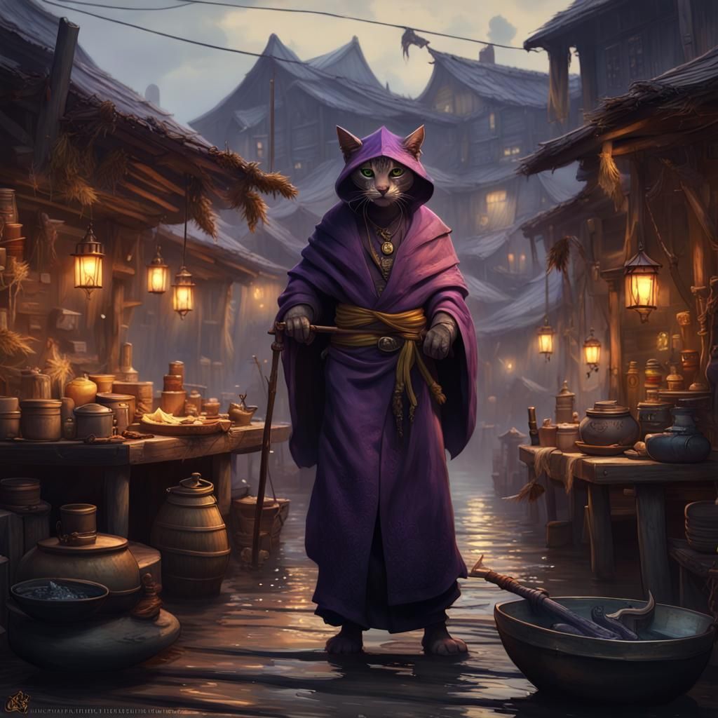 Tabaxi Trader in Fishing Village: Dark Fantasy Art