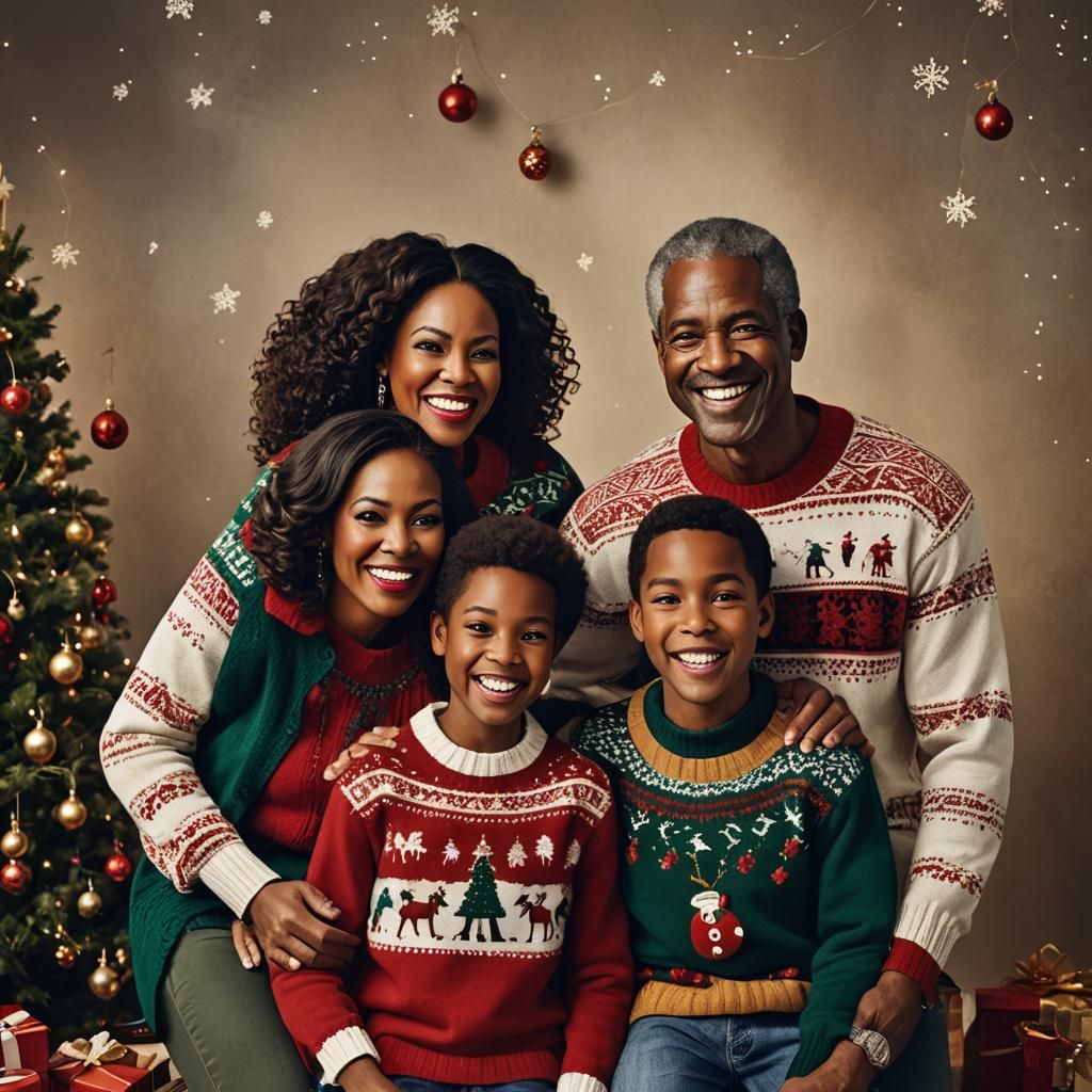 African American Family Christmas Celebration in Realistic S...