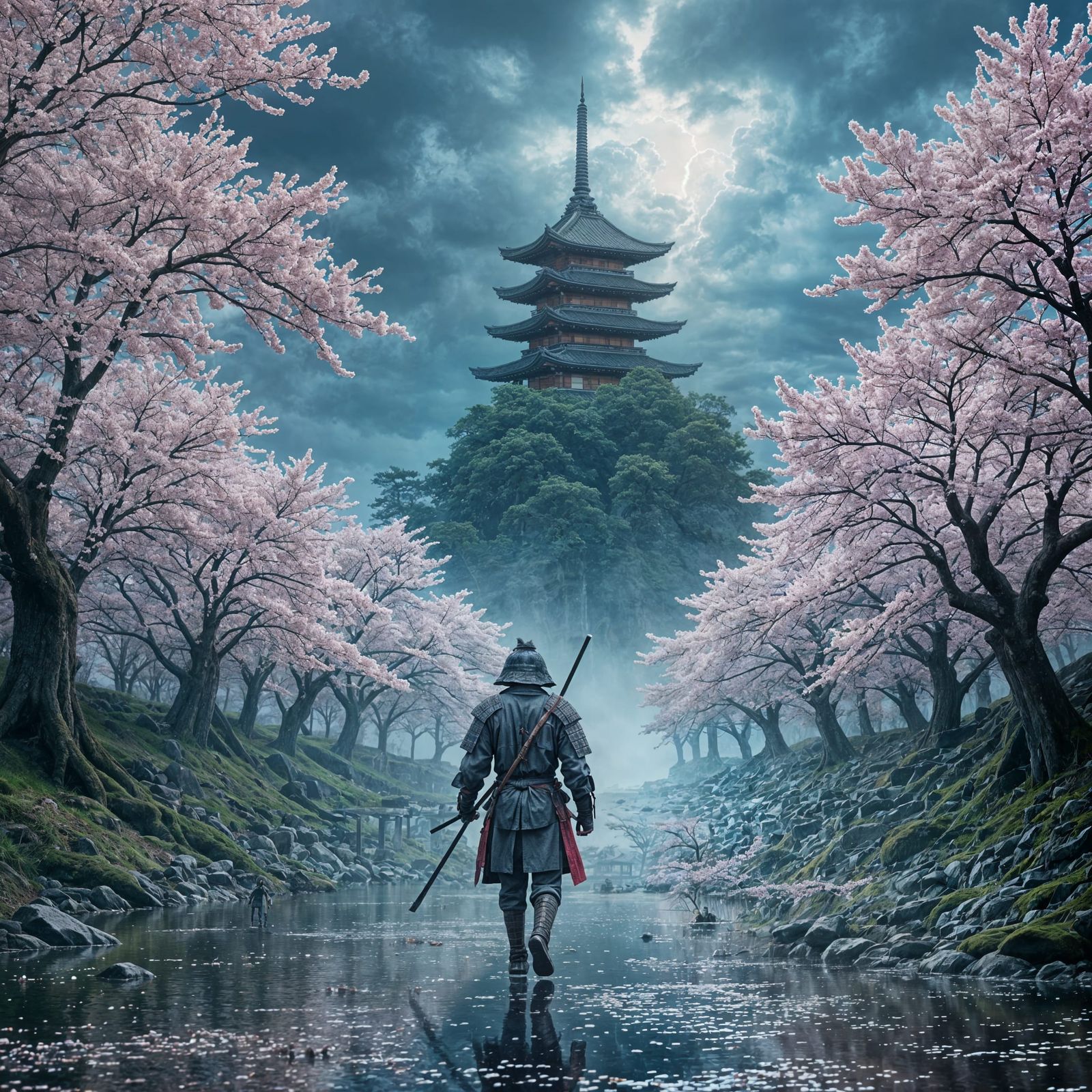 Samurai Approaches Floating Temple in Sakura Grove