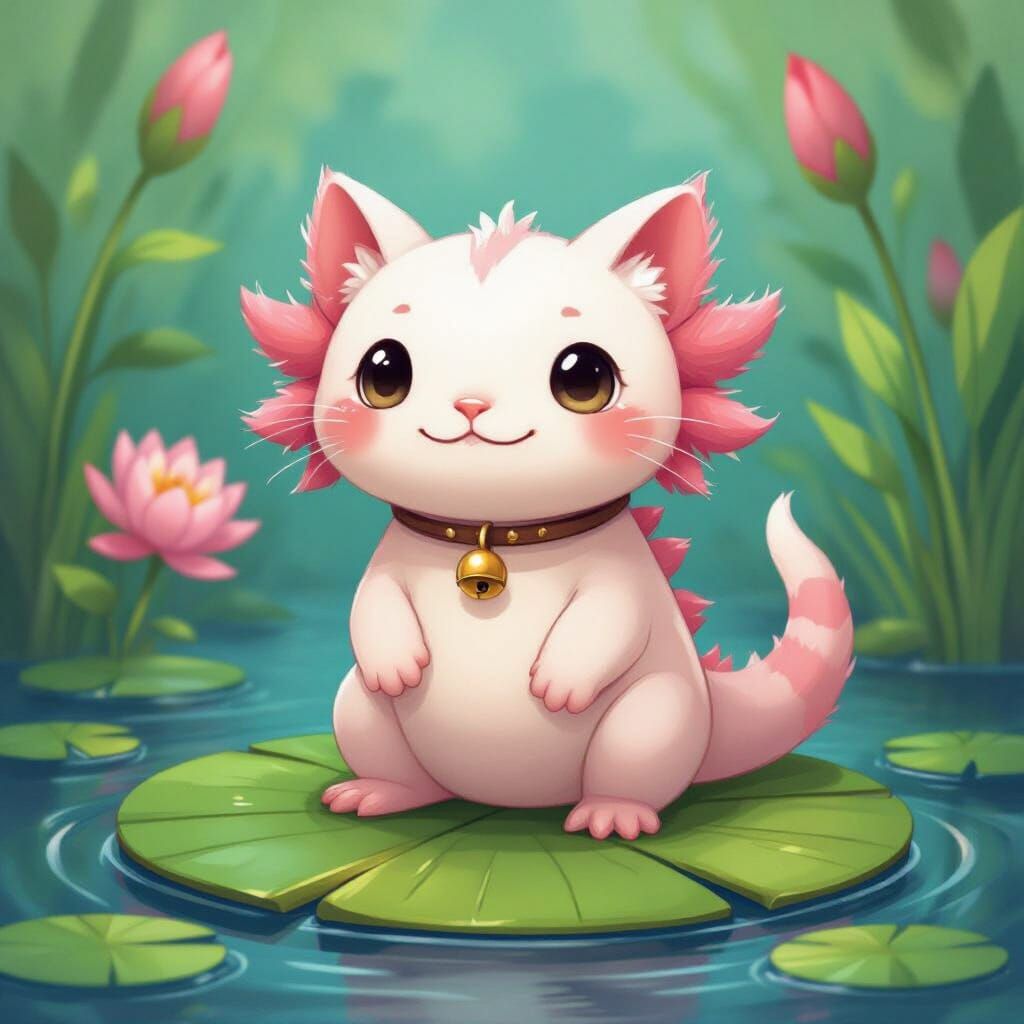 Axolotl-Kitty Hybrid on Lily Pad, Whimsical Art